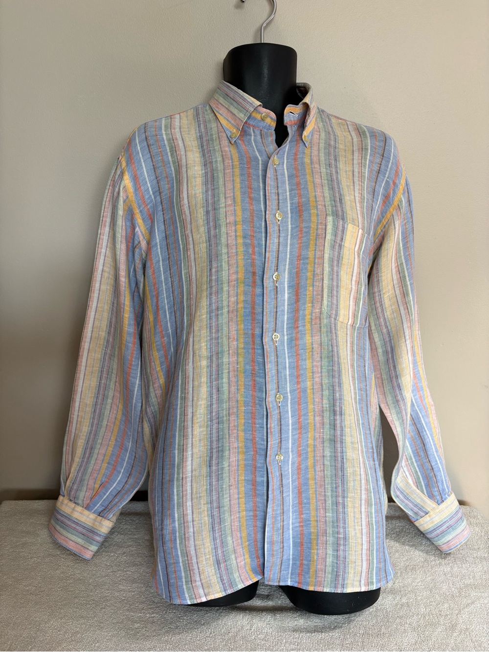 Mens INGRAM Pastel RAINBOW Striped ITALIAN LINEN Button-Down LONG Sleeve SHIRT L